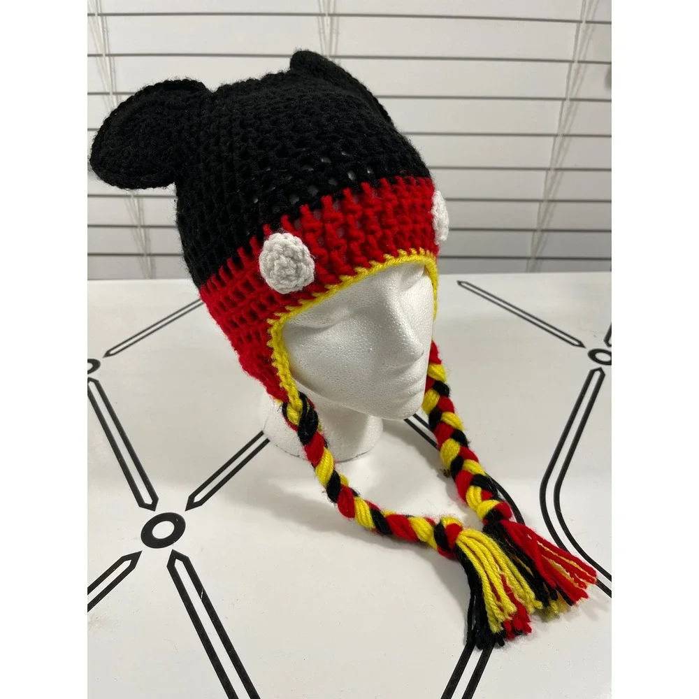 Handmade Kids Mickey Mouse Crochet‎ Hat with Braids Earflap Winter Beanie